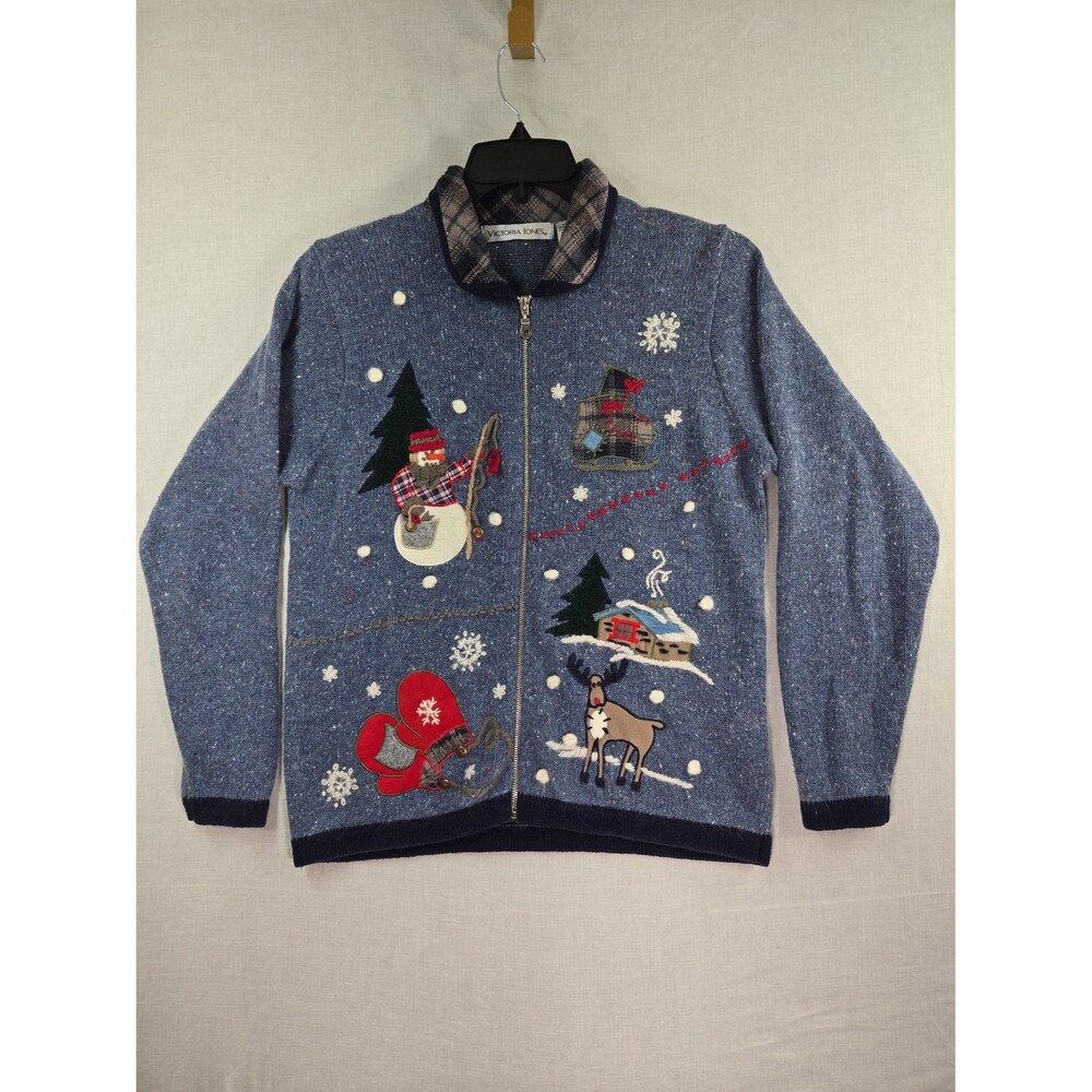 Vtg Christmas Sweater Victoria Jones Cardigan Zip-Up Blue Angora Snowman 90s Med
